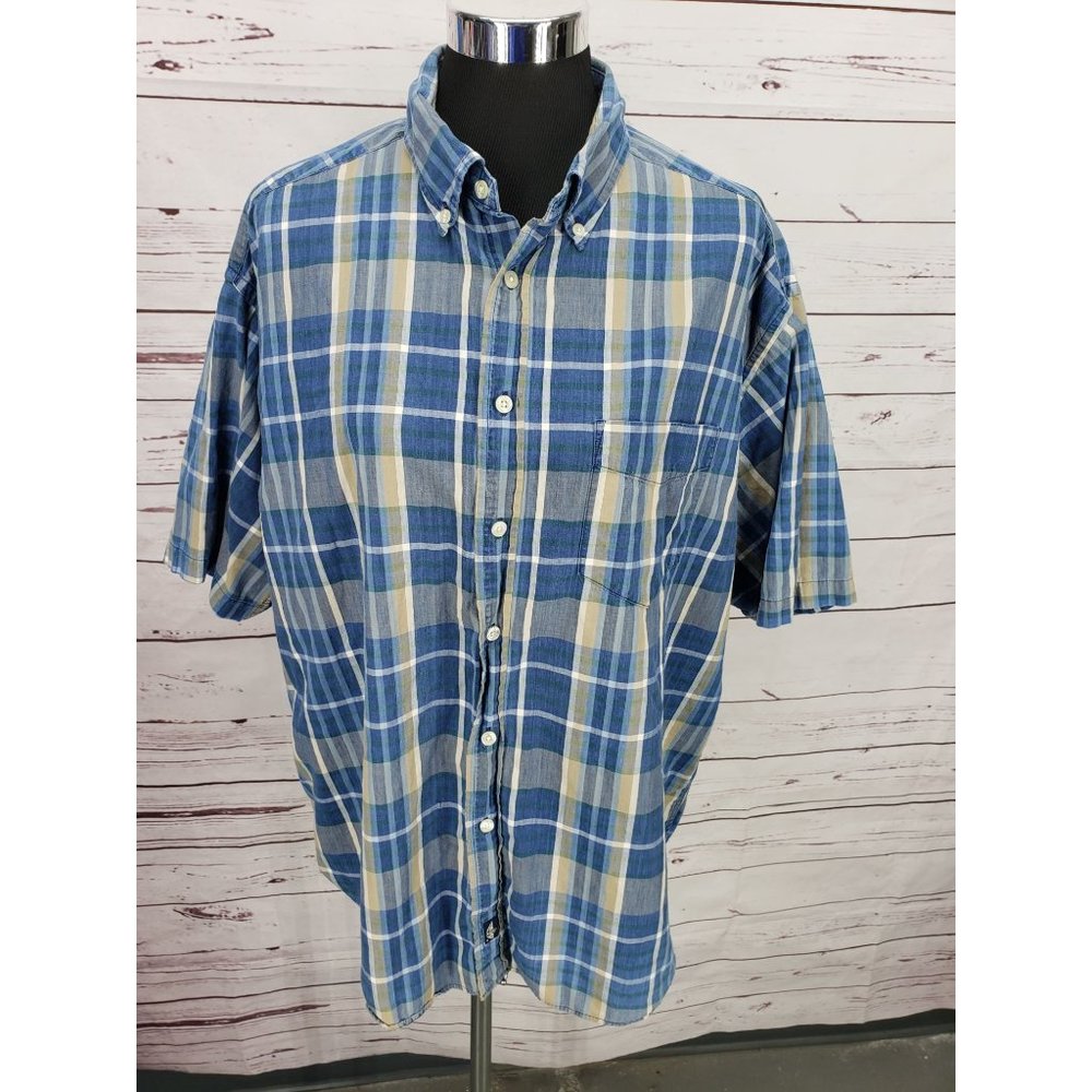 Docker's Indigo Short Sleeve Blue Plaid Size Large Button Up